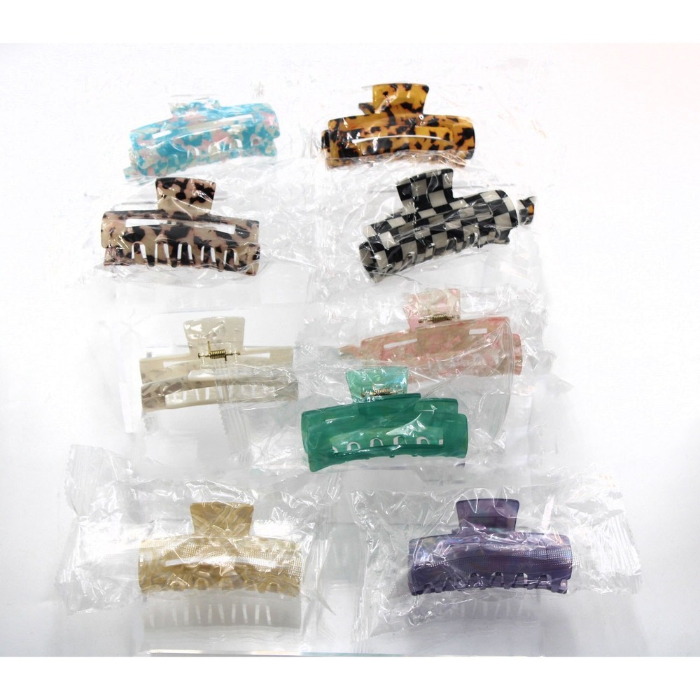 Assorted 9 Piece Hair Claw Clip Lot Rectangular Tortoise Checkered Marble 3in